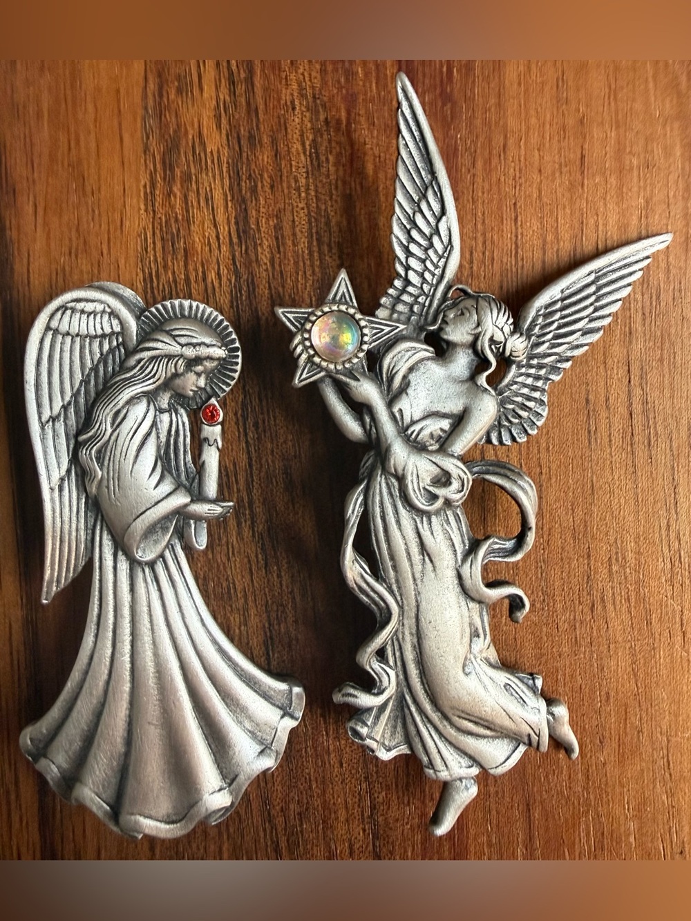 2 VTG JJ Jonette Jewelry Angel Brooch with Opal Star and Red Accent Pewter